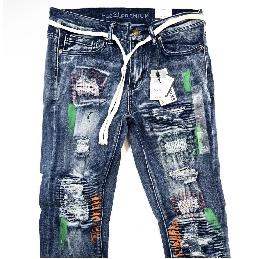 Rue21‎ Premium Men Skinny Fit Distressed Patchwork Jeans 32x30 - Picture 2 of 8